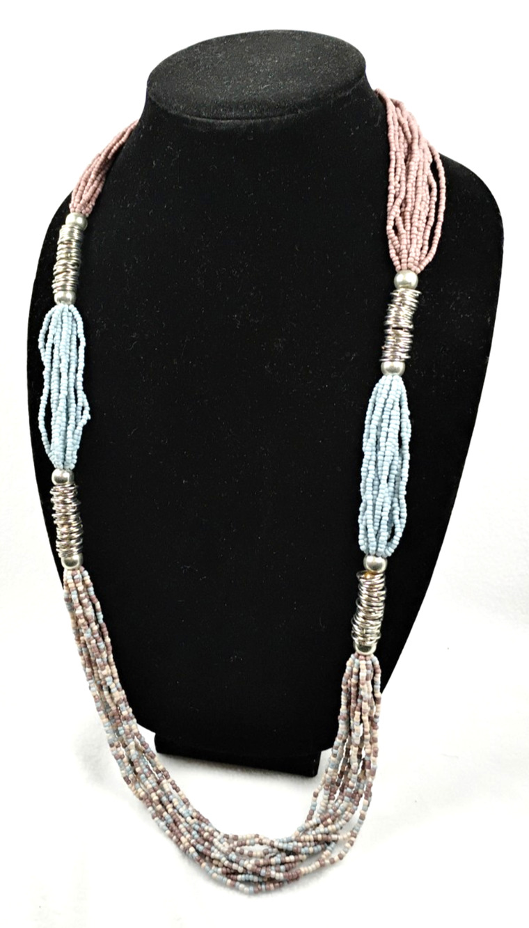 12 Strand Bead Necklace Opera Length Adjustable Taupe Blue Metal India Boho